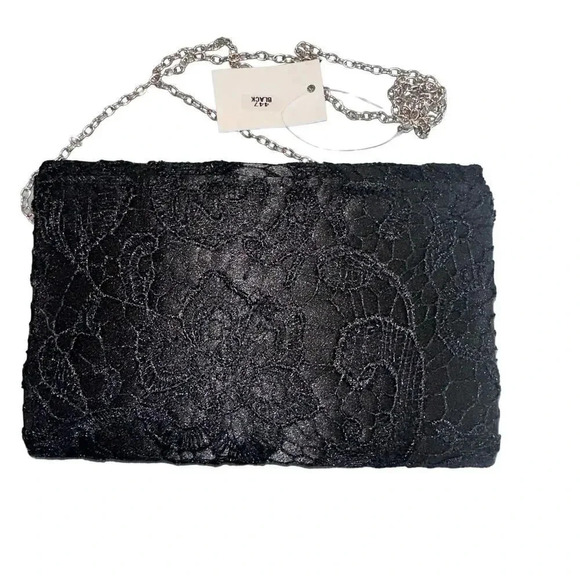 Black‎ Lace slim evening handbag/clutch with removable silver chain link straps - Picture 2 of 8